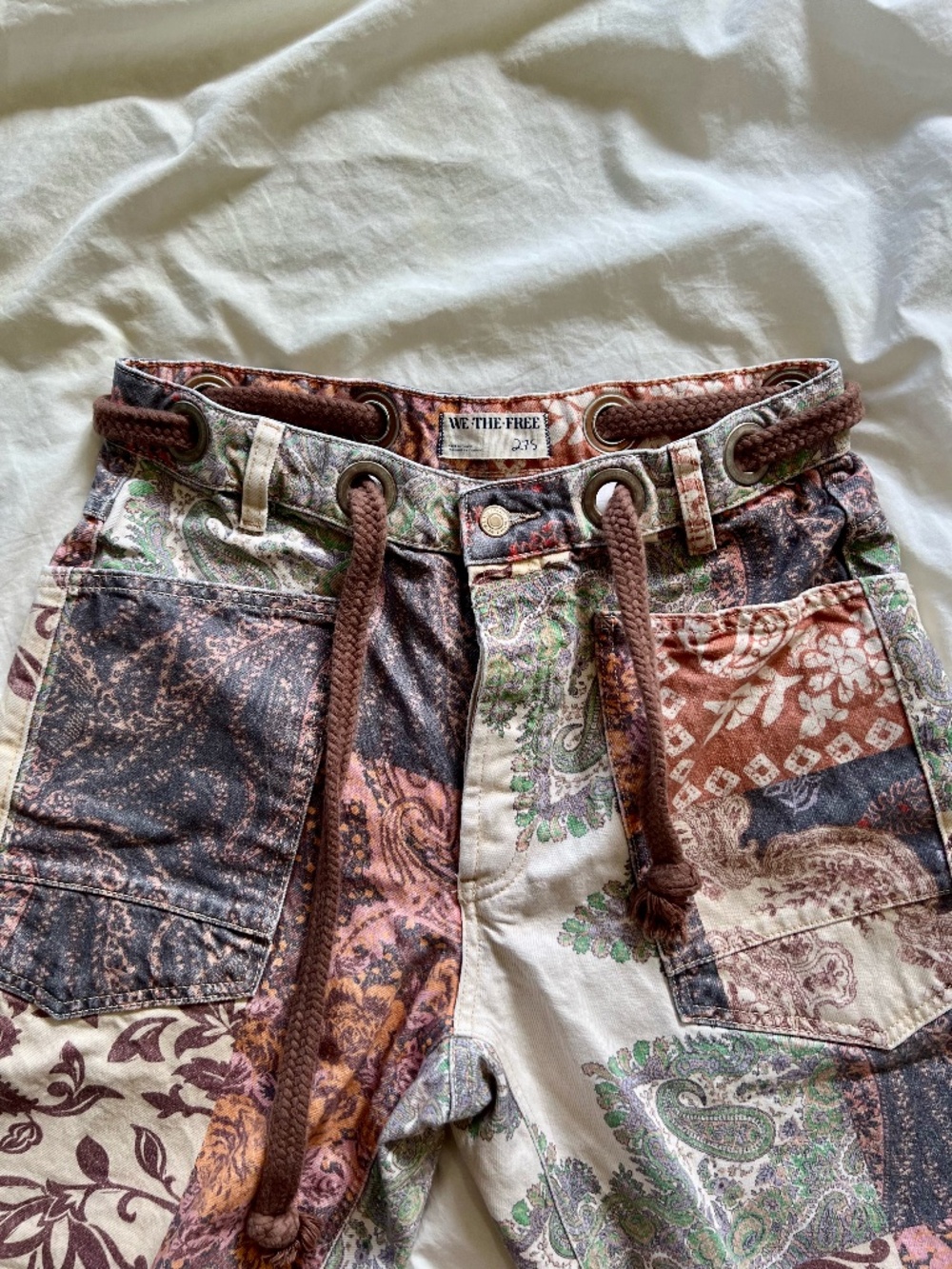 Free People Moxie Printed Brown Combo / Brn Motif Pull-On Barrel Jeans W 27 S - Picture 5 of 16